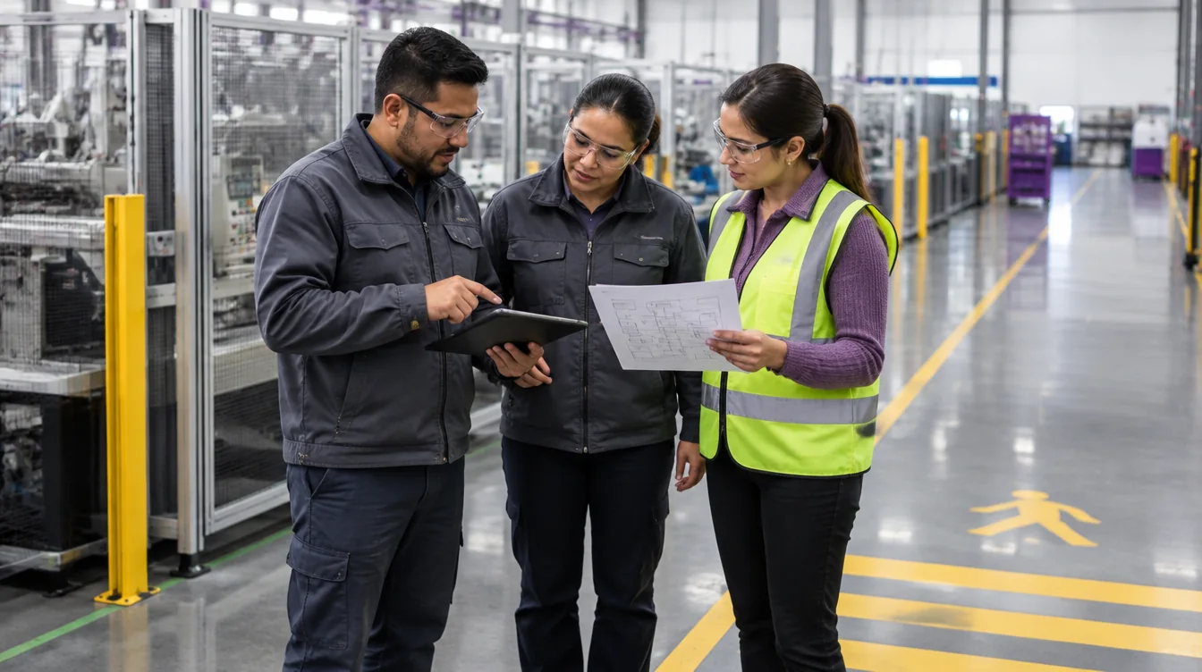 Equipo revisando un proceso con una tableta en una planta de manufactura.