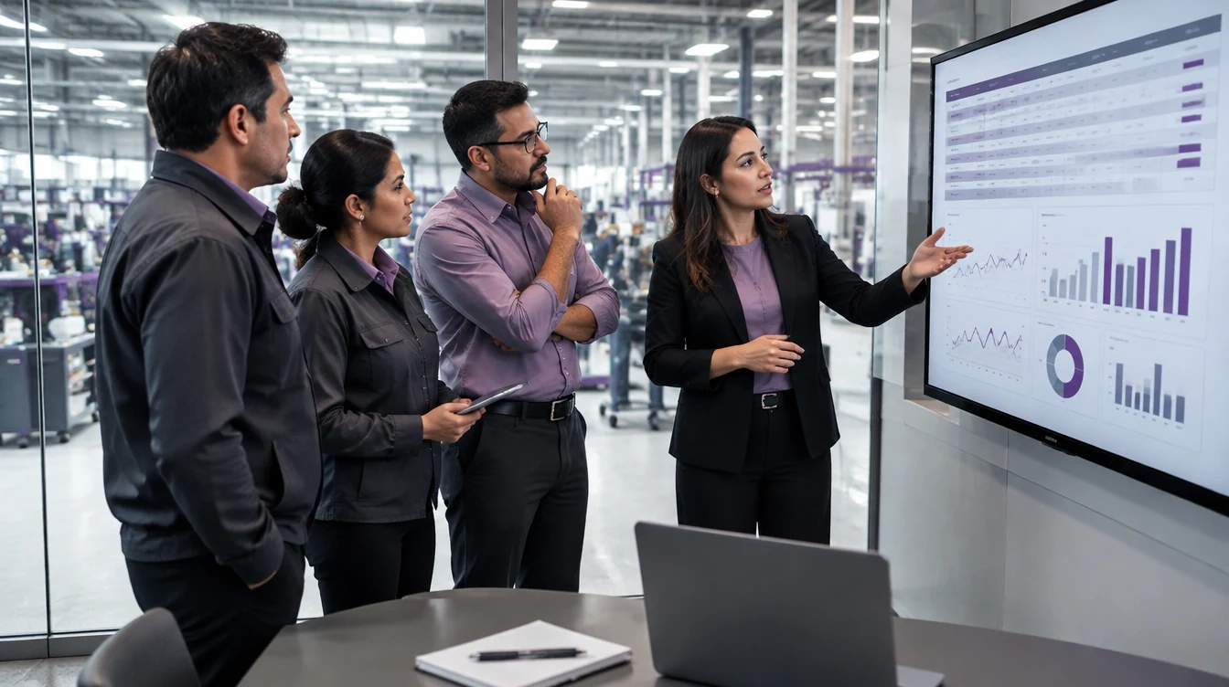 Equipo de distintas áreas revisando información en una pantalla compartida junto a una planta manufacturera.